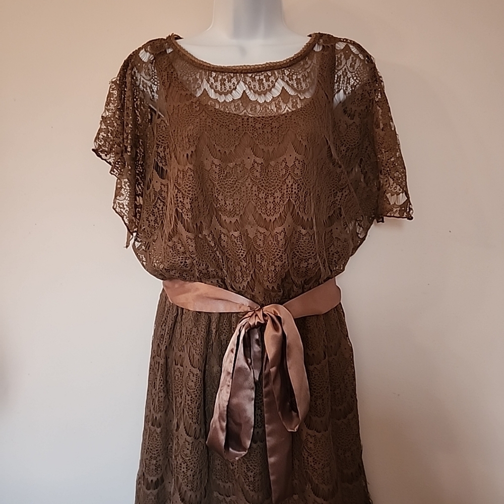 Brown Midi Sundress with Flutter Sleeves and Bateau Neckline